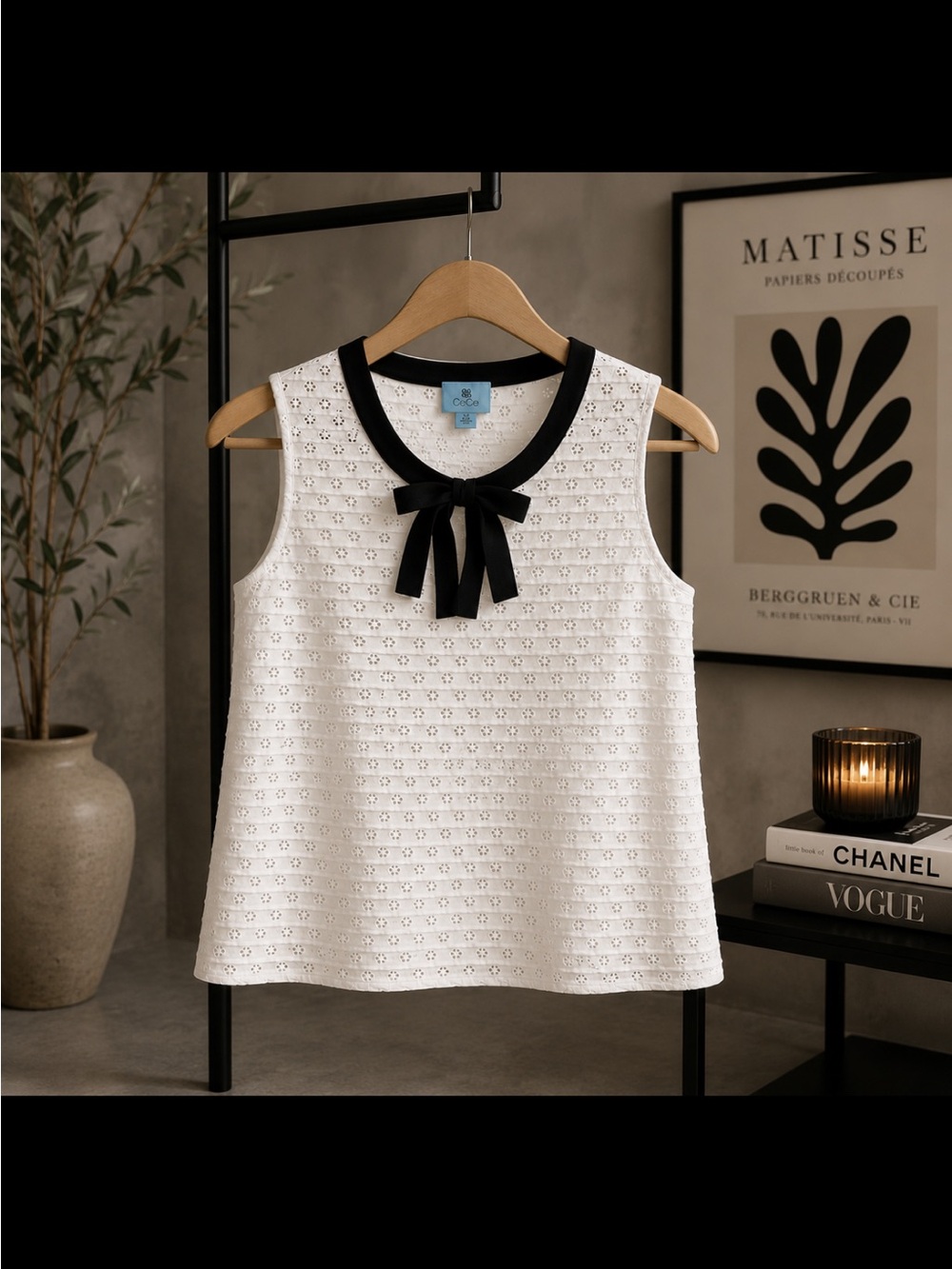 CeCe White Eyelet Sleeveless Top with Black Bow Trim